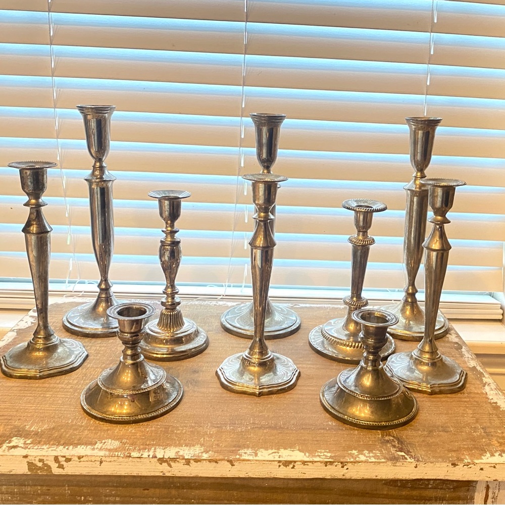 Set of 10 Silver/Silver Plated Candlesticks